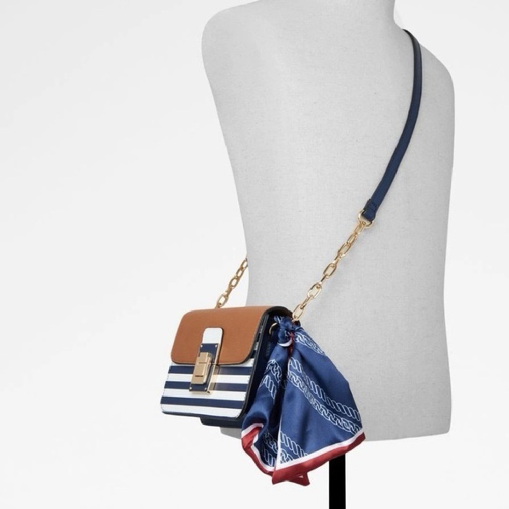 ALDO Nautical Stripe Crossbody Bag – Turnlock + Scarf Detail (Navy/White/Tan)